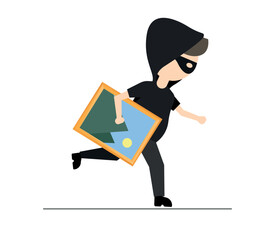 Masked thief stealing a painting from an art gallery. art theft. isolated on white background.
