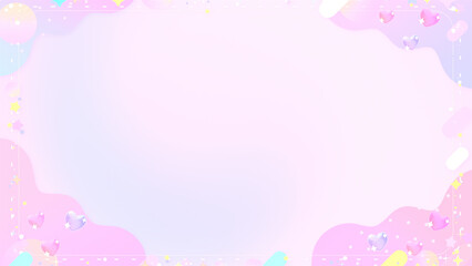 Cartoon bling bling hearts, stars, rounded rectangles, and colorful gradient circles frame on a pastel gradient color background.