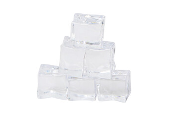 Ice cubes. Pile or group of Ice cubes Clear ice. Fake or Artificial acrylic or plastic ice cubes. Realistic transparent freeze water for alcohol and beverage for cooling. Isolated on white background.