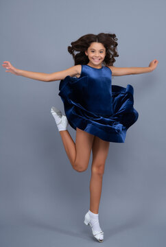 Happy girl face, positive and smiling emotions. Happiness, activity and child. Teenager girl jumping on isolated background. Full length, energetic little girl jumping in air, child flying up.