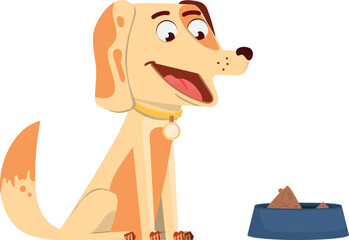 Happy dog with full pet food bowl. Cartoon animal character