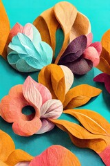 Paper art decorative colorful flowers, 3d render