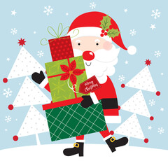 santa claus with christmas gifts greeting card design