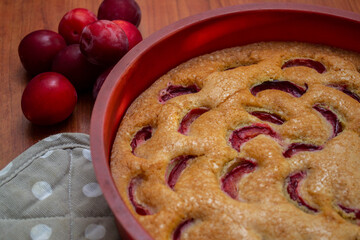 homemade plum pie in the kitchen fresh from the oven