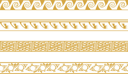 Vector set of golden native american ornamental seamless borders. Framework of the peoples of America, Aztecs, Maya, Incas.. - obrazy, fototapety, plakaty