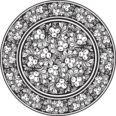 Vector monochrome round Russian folk ornament Khokhloma. National endless circle, tray, plate of Slavic peoples, Belarusians, Ukrainians.. - obrazy, fototapety, plakaty