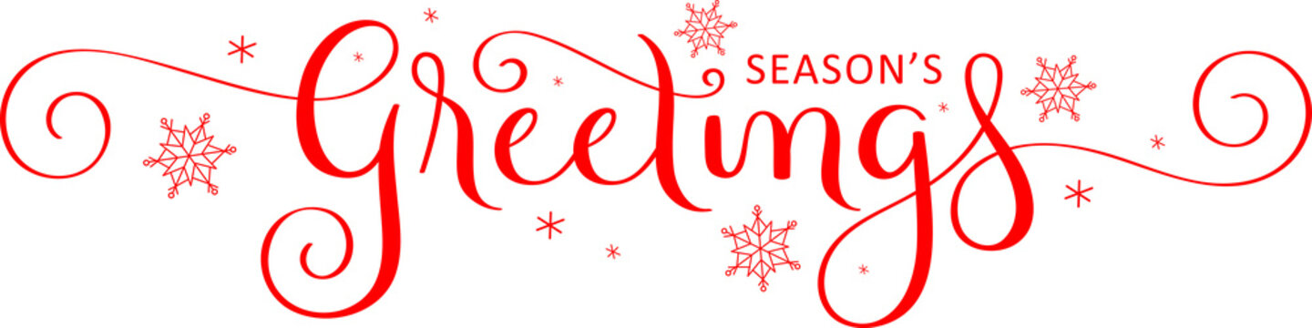 SEASON'S GREETINGS red brush calligraphy banner on transparent background with snowflakes