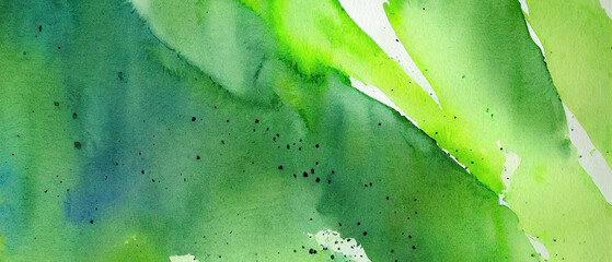 Green watercolor paint on paper. Splatter background.