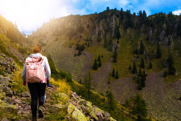 Fototapeta na wymiar hiker woman walking in the mountains with a pink backpack, summer sun, lawn rocks and hills, green background. Trekking, sports concept