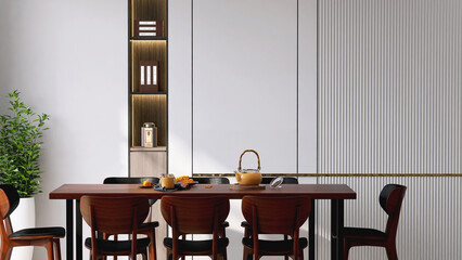 Realistic 3D render asian classic wooden family dining set table and chairs in dining room with morning sunlight and space for household products display. Background, Backdrop, Templates, Wall decor.
