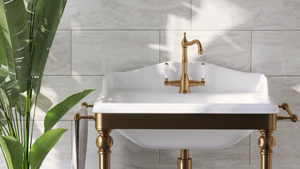 3D render a classic luxury white ceramic washbasin with shinny golden stand and faucet in a bathroom. Morning sunlight, Tropical decor plants, Elegant, Modern Classic, Stylish, Background, Wall tiles.