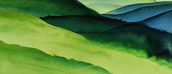 Abstract green watercolor hills background.