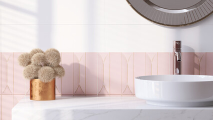 Realistic 3D render close up elegant bathroom vanity countertop with white ceramic wash basin and faucet, pom pom flowers. Morning sunlight, Blank space for beauty product display, pink wall tiles. - obrazy, fototapety, plakaty