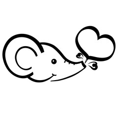 cute little happy baby elephant blows out heart with trunk, romantic black logo