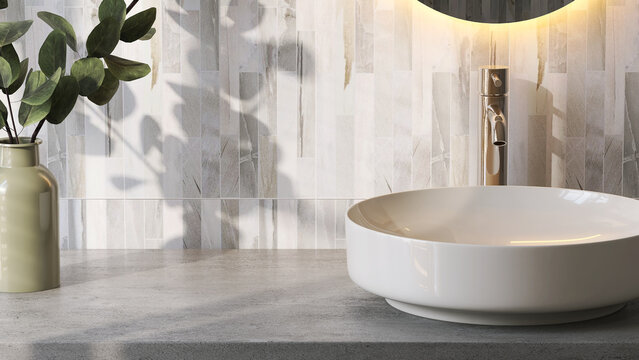 3D render empty bathroom granite vanity counter top with round ceramic washbasin and golden faucet. Morning sunlight, Blank space for products display mockup. Background, Wall tiles, Decor plants.