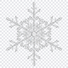 Big complex translucent crystal Christmas snowflake in gray colors, isolated on transparent background. Transparency only in vector format