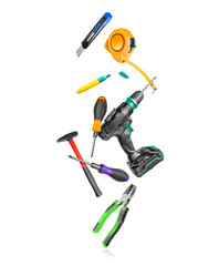 Various construction tools in the air are falling down