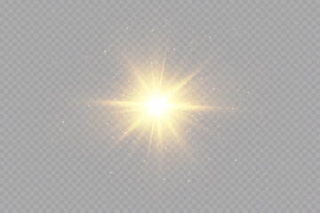 Light effect. Golden bright star, yellow sun. Starlight.