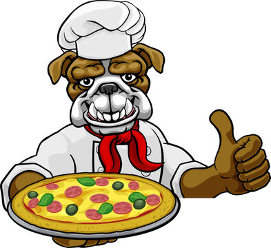 A bulldog chef mascot cartoon character holding a pizza peeking round a sign and giving a thumbs up