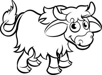 A yak animal cartoon character outline coloring illustration