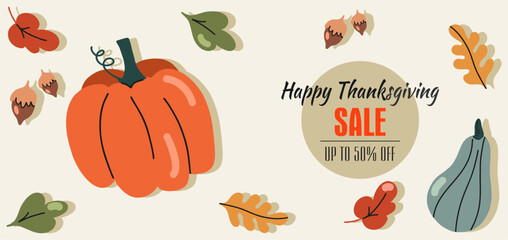 Hand drawn typographic poster Happy Thanksgiving, pumpkin, leaves, acorns and text on a light background. Festive text, discount coupon, sale. Vector calligraphy, print, flyer, banner.