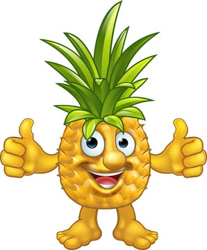 A cartoon fruit pineapple mascot character giving a thumbs up