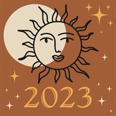 New Year 2023. Illustration in boho style. Numbers, sun and stars. Template for printing postcards, banners, covers and more.