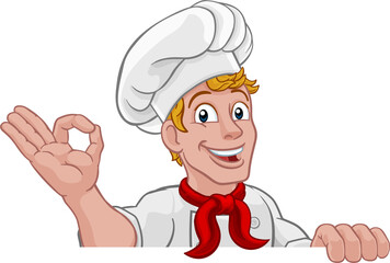 Chef Cook Baker Man Cartoon Peeking Over Sign
