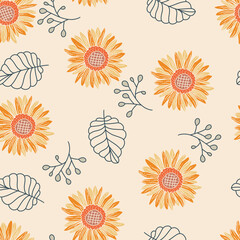 Sunflowers with Leaves Decor Vector Seamless Pattern