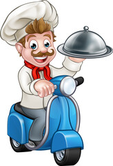 Cartoon chef or cook character riding a moped motorbike scooter delivering silver cloche food meal plate platter tray