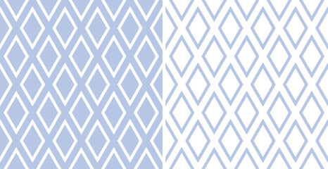 Seamless Geometric Diamonds Patterns. Blue and White Textures Set.