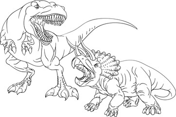 A coloring book page drawing of a T Rex dinosaur fighting a Triceratops - obrazy, fototapety, plakaty