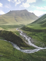 The confluence of two mountain rivers rapidly descending from the Caucasus mountains next to green...