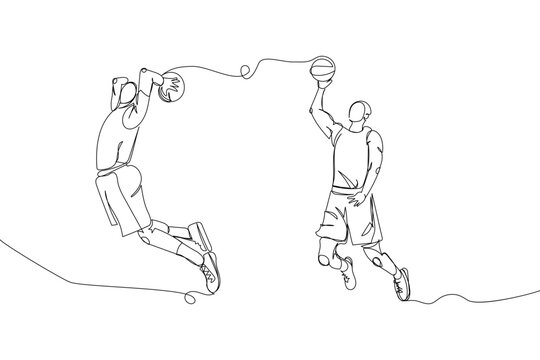 Basketball players throws the ball set one line art. Continuous line drawing sports, game, training, team, championship, ball, man, basket, competition, stadium.