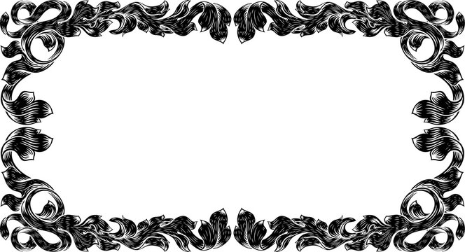 An ornamental filigree heraldry leaf pattern floral scroll border vintage style frame design
