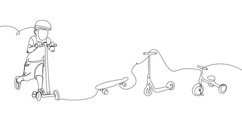 Boy in a protective helmet on a scooter with tricycle and skateboard set one line art. Continuous line drawing sport, scooter, transportation, child, childhood, riding, healthy, urban, mobility.