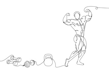 Bodybuilder and kettlebell with dumbbell set one line art. Continuous line drawing sport, fitness, man, musculature, strength, gym, physical education, athlete torso, showing muscles weightlifting.