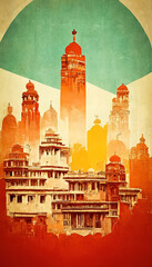 Fototapeta premium design for tourist poster or flyer, vintage style, about Indian architecture and traditional habitat in India
