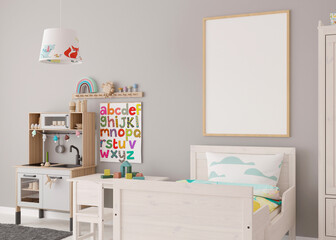 Empty vertical picture frame on gray wall in modern child room. Mock up interior in contemporary, scandinavian style. Free, copy space for picture. Bed, toys. Cozy room for kids. 3D rendering.