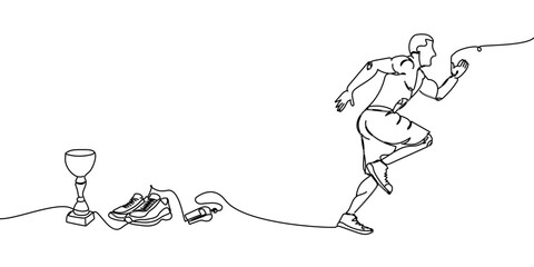 Man running set with goblet, sneakers, whistle, trophy one line art. Continuous line drawing sports, fitness, physical education, win, winner, athletics, run, gym, sexy body, fast run, speed, human.