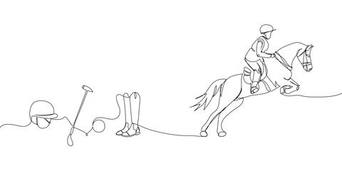Fototapeta na wymiar Horseback riding and horse polo set one line art. Continuous line drawing rider, saddle, trot, horse racing, horse, shoes, boot, rider, horseman, training, sport, competition.