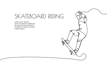 Web banner with skateboarder doing a trick one line art. Continuous line drawing of promotion poster sports, training, sport, teenager, doing tricks, street, subculture, urban, extreme, youth man.