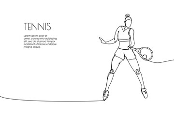 Web banner with girl tennis player with racket, racquet one line art. Continuous line drawing of promotion poster hit the ball, competition, sport, woman, athlete, hobby, championship, tournament.