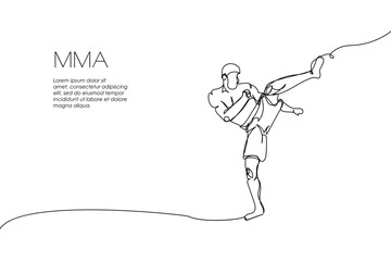 Web banner with kickboxer, mixed martial arts fighter one line art. Continuous line drawing of promotion poster boxing, fight gloves, battle, MMA, kickboxing, taekwondo, fights without rules, sport.