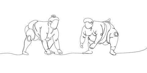 Fight of two sumo wrestlers one set line art. Continuous line drawing japan, fight, obesity, big man, person, pre-fight greeting, athlete, training, ring, sport.