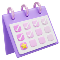 3D Calendar assignment icon. Purple calender with check mark sign floating on transparent. Star day for event, holiday plan, reminder concept. Cartoon icon minimal smooth. 3d rendering