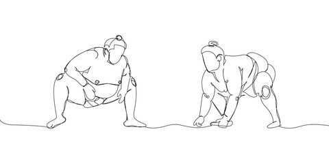 Fight, two sumo wrestlers greeting set one line art. Continuous line drawing japan, fight, obesity, big man, person, pre-fight, athlete, training, ring, sport.