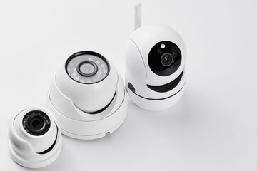Surveillance cameras, set of different videcam, cctv cameras isolated on white background close up. home security system concept