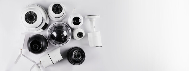 Surveillance cameras, set of different videcam, cctv cameras isolated on white background close up....