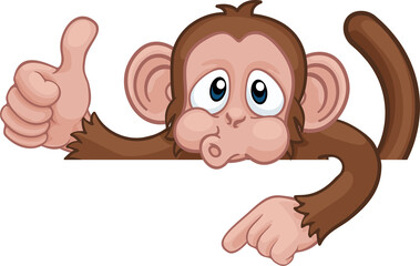 Fototapeta premium Monkey Cartoon Character Animal Pointing At Sign